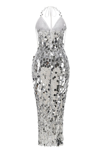 Robe de soirée à pompons à sequins à col en V et gaine argentée